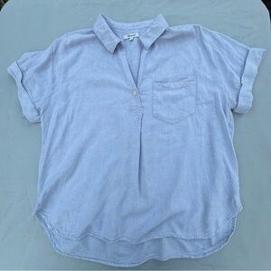 Madewell Linen Blend Top Large Popover One Pocket VNeck Short Sleeve Light Blue